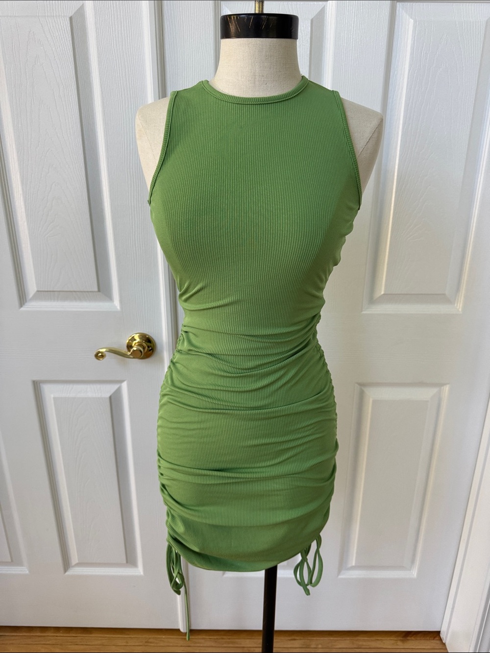 SHEIN Green Ribbed Ruched Tank Mini Dress